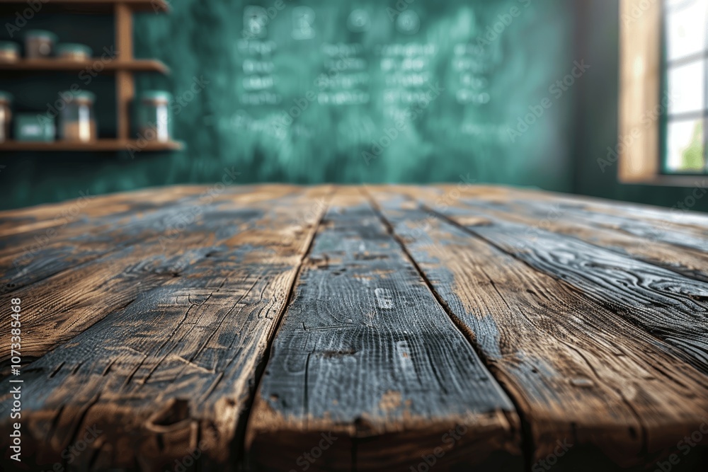 Poster blurred empty classroom with wooden table for product display and green chalkboard background