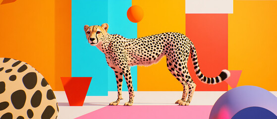 Cheetah Standing in a Colorful Geometric Room