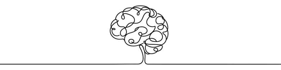 One continuous line illustration of a human brain, isolated on white background. Line art of human brain