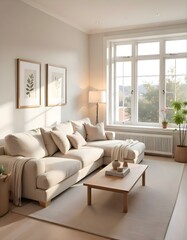 A cozy and inviting living room with a large beige sectional sofa, a wooden coffee table, and a potted plant.