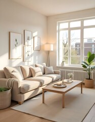Fototapeta premium A cozy and inviting living room with a large beige sectional sofa, a wooden coffee table, and a potted plant.