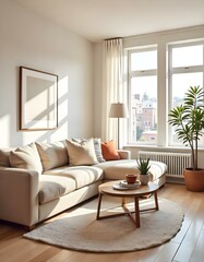A cozy and inviting living room with a large beige sectional sofa, a wooden coffee table, and a potted plant.