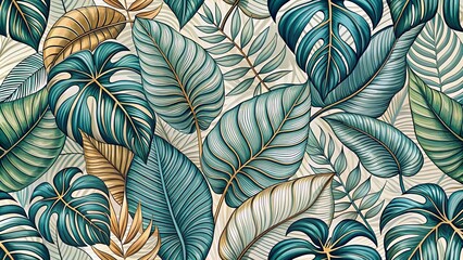 Intricate Tapestry of Lush Green and Golden Foliage, a Botanical Symphony of Tropical Leaf Patterns