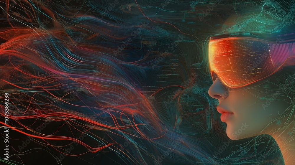 Poster long haired girl in hi-tech vr glasses with elements of artificial intelligence. background in a hig