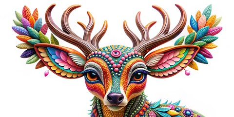 Naklejka premium A vibrant deer sculpture adorned with intricate floral patterns and a captivating gaze, evoking a sense of whimsical wonder and captivating artistry.