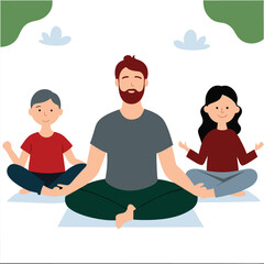 man and family doing yoga togethers.eps