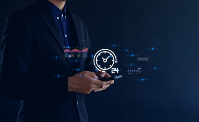  hand holding virtual 24-7 with clock on hand for worldwide nonstop and full-time available contact of service concept. customer service, nonstop service concept.