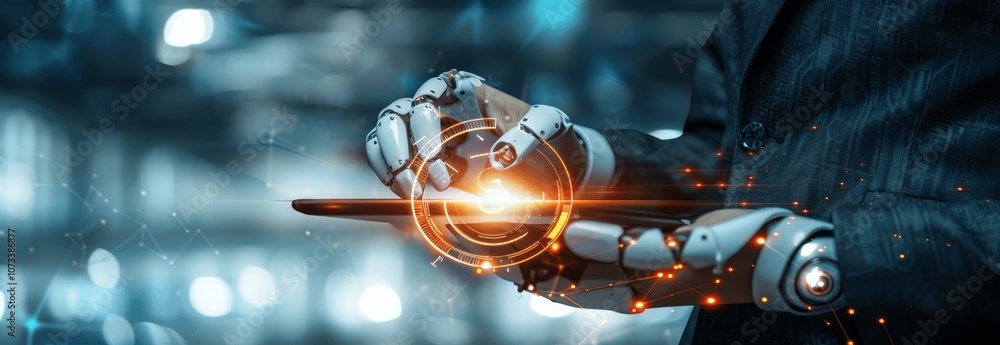 Poster future ai technology businessman using tablet with smart robot for business innovation and artificia