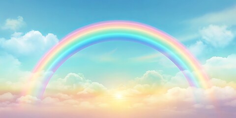 Serene Sky with a Vibrant Rainbow Arcing Through Fluffy Clouds and a Glimmering Sunset