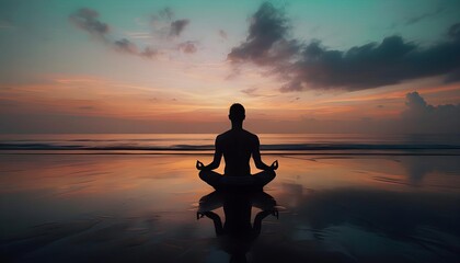 Fototapeta premium Tranquil silhouette meditating on beach at sunset, serene mindfulness banner