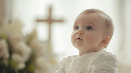 A baby dressed in a delicate white outfit looks up in wonder, captivated by the gentle light streaming through the window and illuminating the room.