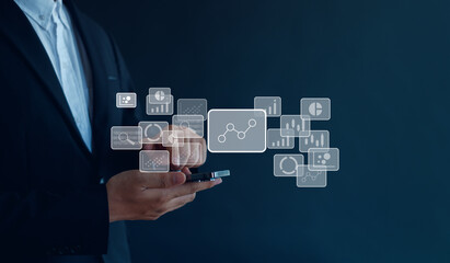 Analytics and business intelligence concept. Business intelligence analyst dashboard on virtual screen. Big data Graphs Charts.
