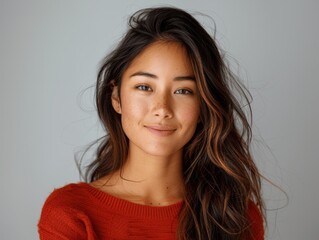 Fototapeta premium portrait of a beautiful young asian indian model woman smiling with clean teeth dental ad isolated on light grey background studio shot photorealistic high resolution