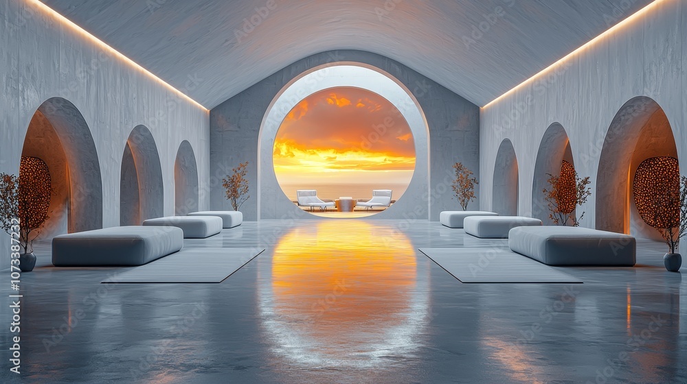 Poster transform your space discover serenity in modern architecture with stunning sunset views