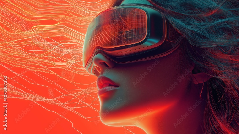 Poster girl in hi-tech vr glasses with elements of artificial intelligence. background in a high-tech style