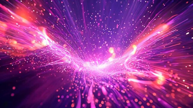 Movement through neon pink particles concentrated in the center. Outer space effect with particles.