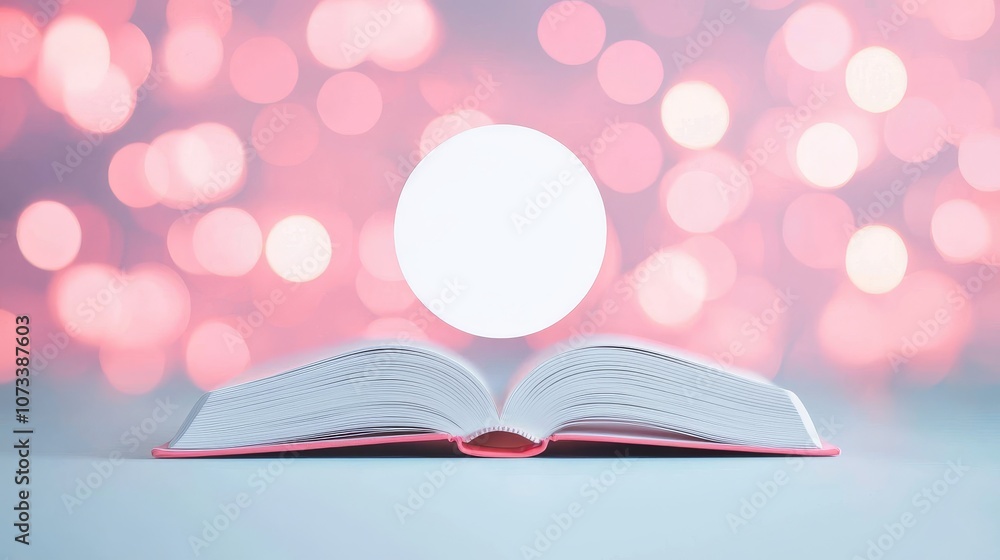 Poster explore the enchantment of an open book under a soft glowing light with dreamy background bokeh effe