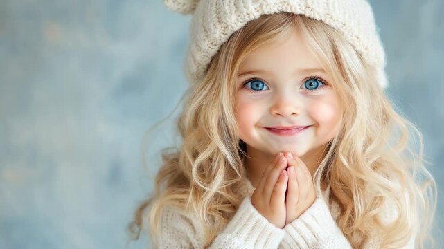 Smiling  young blonde girl with blue eyes and a knitted hat, exuding innocence and warmth in a soft winter atmosphere