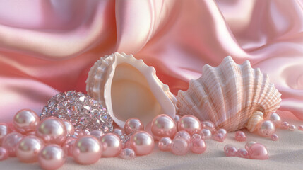 3D pearls seashells conches and diamonds scatter on beach pink white silk fabric glossy shiny background with copy space. fashion romantic jewellery holographic elegant luxury wallpaper