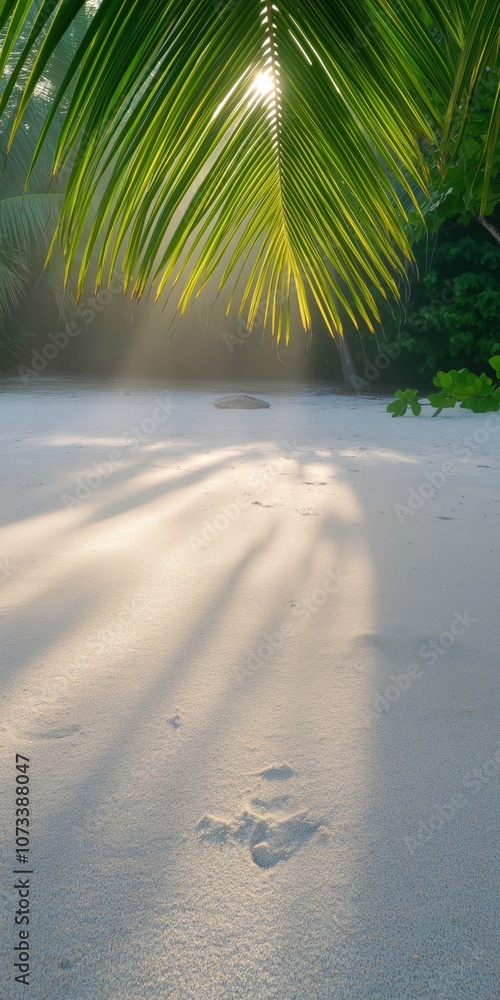 Poster a palm tree is in the foreground of a beach scene. the palm tree is casting a shadow on the sand