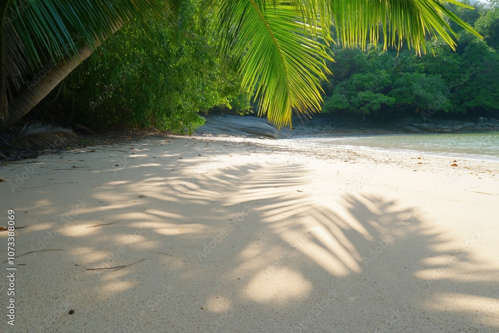 Poster a beach with palm trees and a large shadow cast on the sand. the beach is empty and the palm trees a