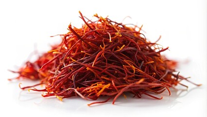 A close-up of dried red saffron threads, showcasing the intricate texture and vibrant color of this prized spice.