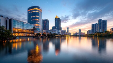 Obraz premium City lights reflect on calm waters as sunset paints the skyline in vibrant colors