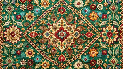 Intricate Floral Pattern Embroidered on Lush Green Fabric, a Tapestry of Rich Colors and Delicate Stitching