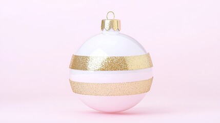 polished Christmas tree bauble with gold glitter stripes, centered on pastel backdrop