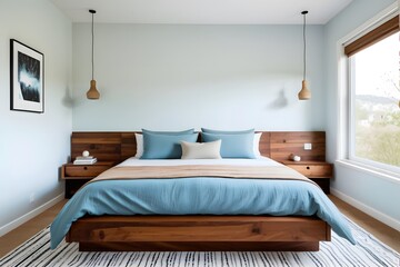 Minimal aesthetic blue bedroom with a double bed and simple modern decor.