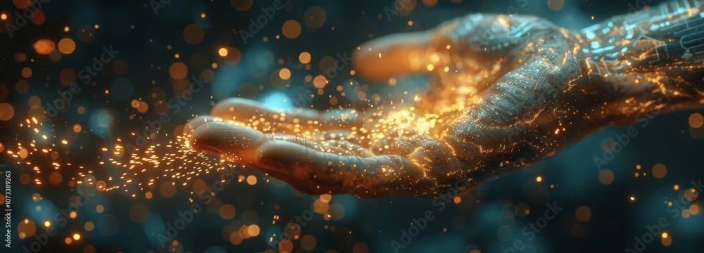 Poster human and robot hand touching on ai and big data network, machine learning and digital technology, f