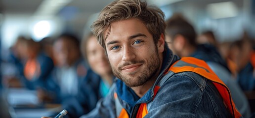 male plumber and electrician professional training engineering mechanics construction education seminar classroom learning senior adult student in high vis vest holding pen for technical skills