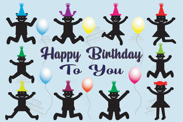 Happy Birthday celebration kids. silhouette kid's enjoying birthday with illustration.