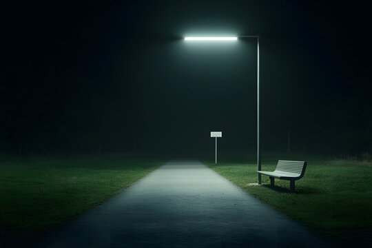 Liminal outdoor space featuring a street-side bench at night with street lights &ndash; Capturing a quiet, atmospheric moment of solitude and urban serenity