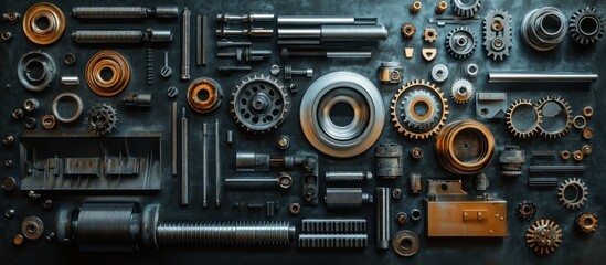 Fototapeta premium A flat lay of various metal gears, bolts, nuts, and other industrial parts on a dark blue surface.