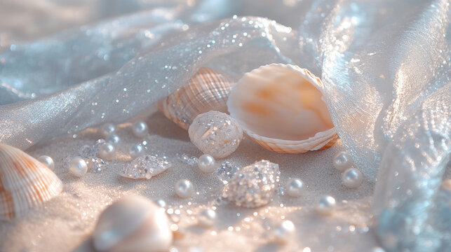 3D pearls seashells conches and diamonds scatter on beach silver shimmering silk fabric glossy shiny background with copy space. fashion romantic jewellery holographic elegant luxury wallpaper