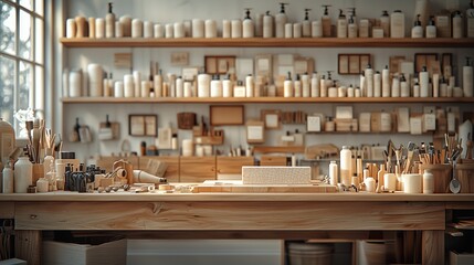 A Cozy Workshop Scene Filled with Natural Beauty Products and Crafting Tools with Soft Sunlight Streaming Through the Window Creating an Inviting Atmosphere