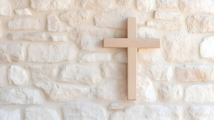 Wooden Cross in an Old Stone Chapel - Close-Up View Showcasing Timeless Faith and Rustic Charm