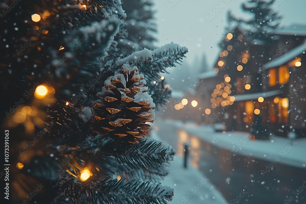 Poster pine tree branch with snow covered pinecone illuminated by warm festive lights creating a cozy holid