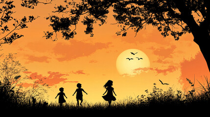 Naklejka premium children day background kids silhouette happy and playing