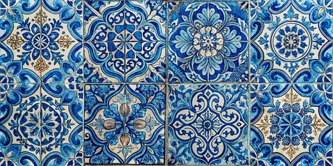 A vibrant mosaic of hand-painted ceramic tiles in various shades of blue and white, showcasing intricate floral patterns and geometric motifs.
