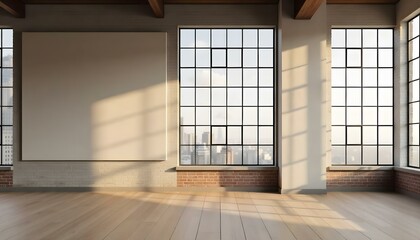 An empty room with a large window, wooden floor, and brick walls