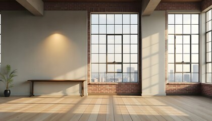 An empty room with a large window, wooden floor, and brick walls