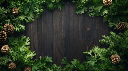Vibrant green parsley laid out on a dark wooden background, with a subtle holiday feel, mini pinecones around
