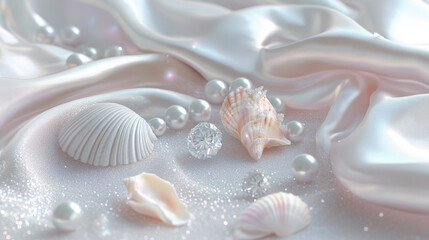 3D pearls seashells conches and diamonds scatter on beach silver shimmering silk fabric glossy...