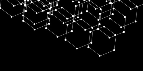Technology abstract black digital background of connected dot with honeycomb stock lines. hexagon connected dots background, abstract molecule wallpaper.