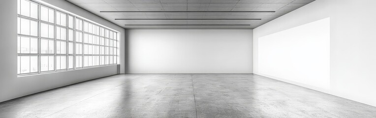 Fototapeta premium Spacious minimalist gallery with a blank wall for creative display