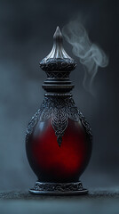 Gothic Fragrance Bottle with Dark Detailing and Red Glass, Mysterious and Elegant Design with Intricate Patterns for Fantasy or Dark Aesthetic Concepts