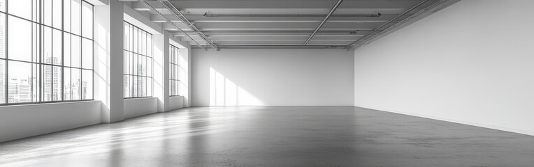 Fototapeta premium Spacious minimalist gallery with a blank wall for creative display