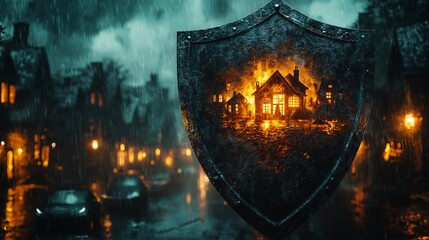 Dynamic Fantasy Image Featuring a Shield with a Burning House that Symbolizes Protection Amidst a Stormy Night in a Mysterious Town Setting